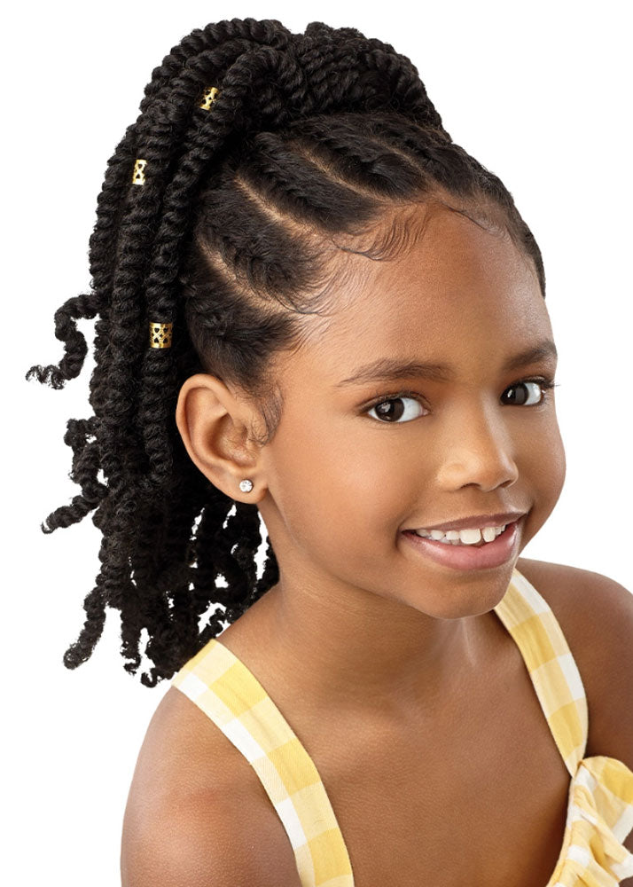 Gold Cuffed Bomb Twists 12" Lil Looks Drawstring Pony Synthetic Pre-braided ponytail for kids - Front