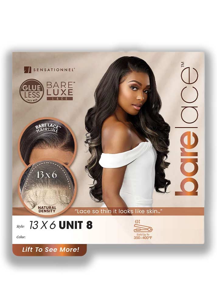 Box of Sensationnel Bare Lace hair product with a model wearing the lace wig.