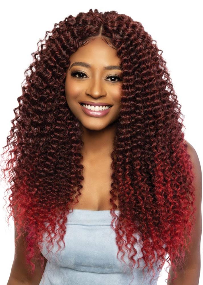 black woman wearing burgundy red wavy lace wig