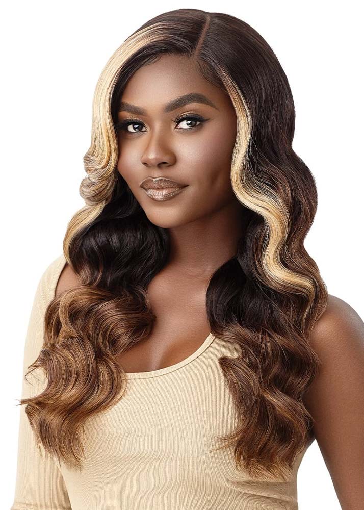 Long wavy wig face framing highlights lumina outre