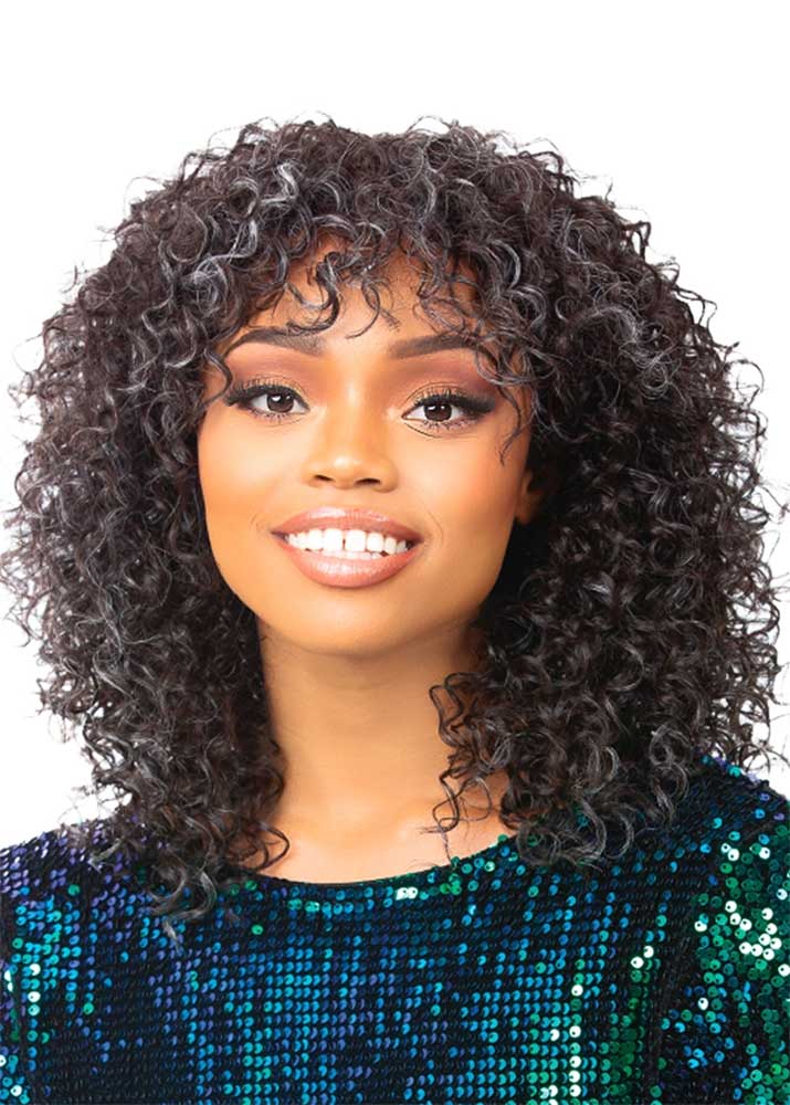 Curly afro fringe with fringe and grey highlights