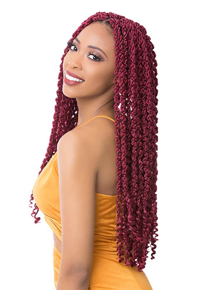 3X Double Twist Crochet Locs with curly tips burgundy