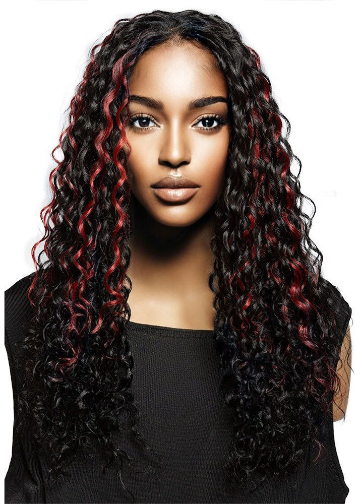 Black woman wearing black wig with red highlights