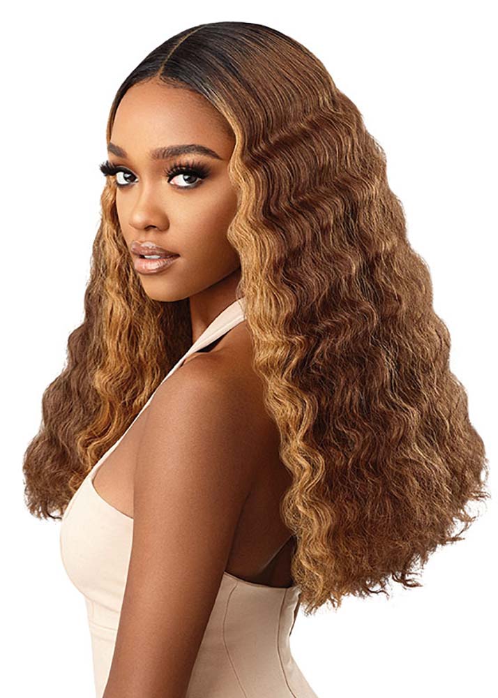 Solana Long Kinky Curly Lace Front Wig Outre UK - DRFF Honey Brown