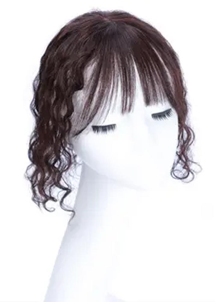 Curly human hair topper with straight fringe