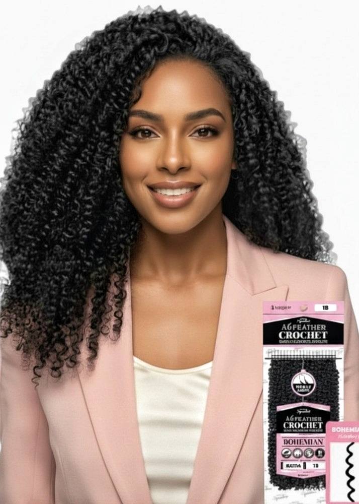 voluminous black coily air feather crochet braids. Human Hair blend Miracle Knots. 