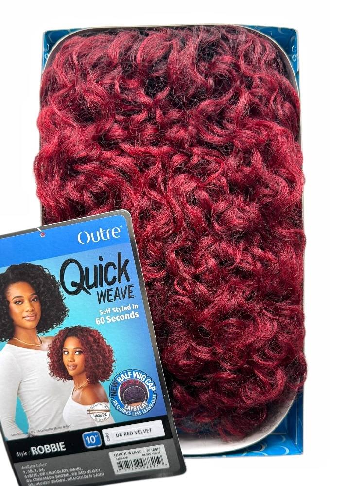 Red curly hair extensions with Outre Quick Weave packaging