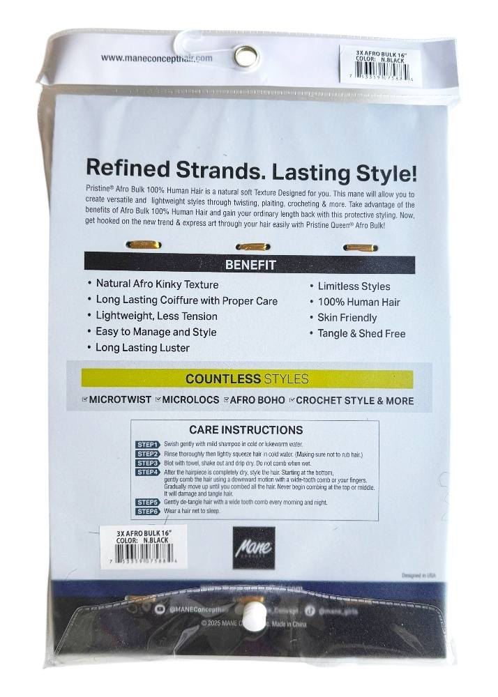 Pristine 3X Afro Bulk 16 Human Hair