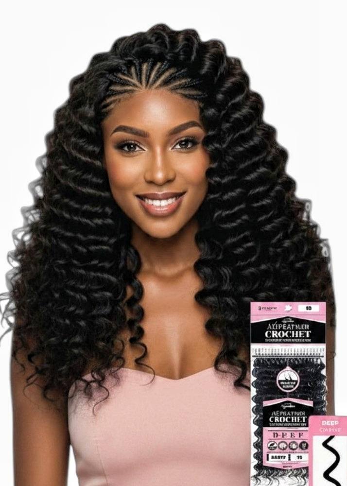 A woman with long, voluminous dark curly AirFeather Miracle Knots crochet hair