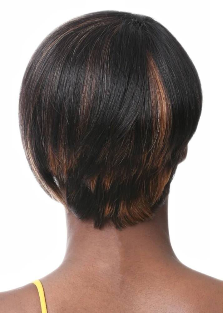 Woman with a sleek short layered bob haircut