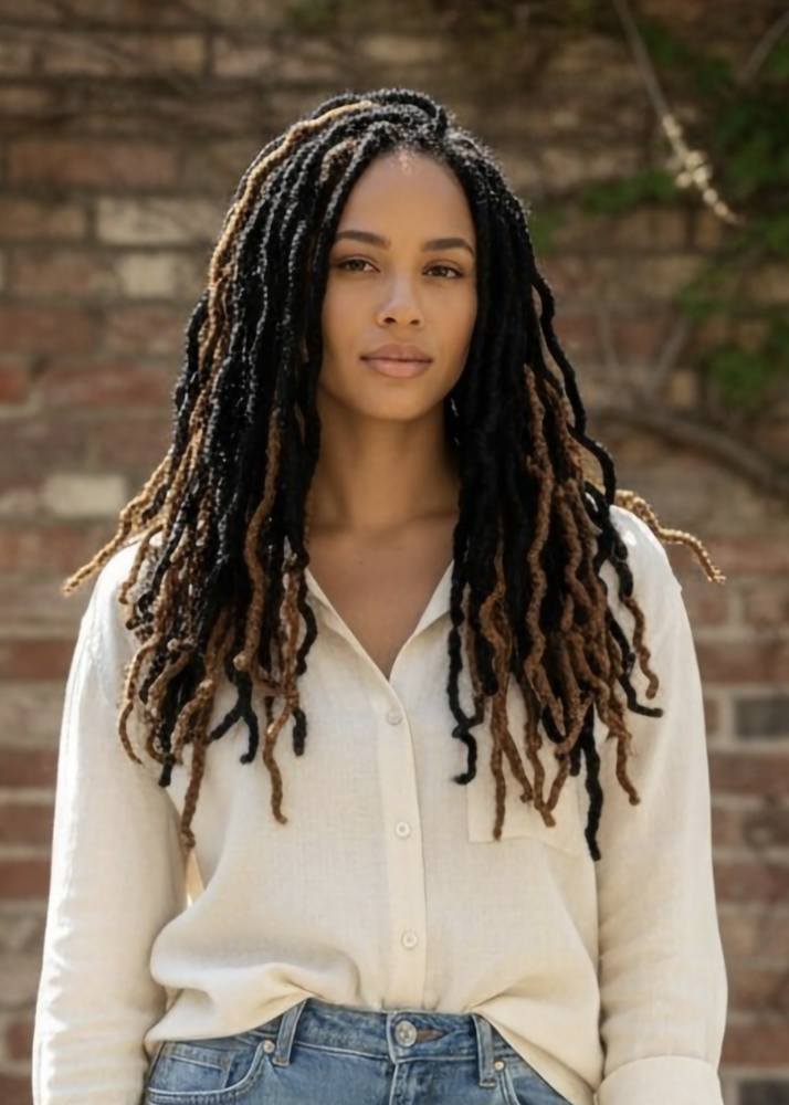 Woman with Bobbi Boss Nu Locs wearing a white shirt and blue jeans against a brick wall.