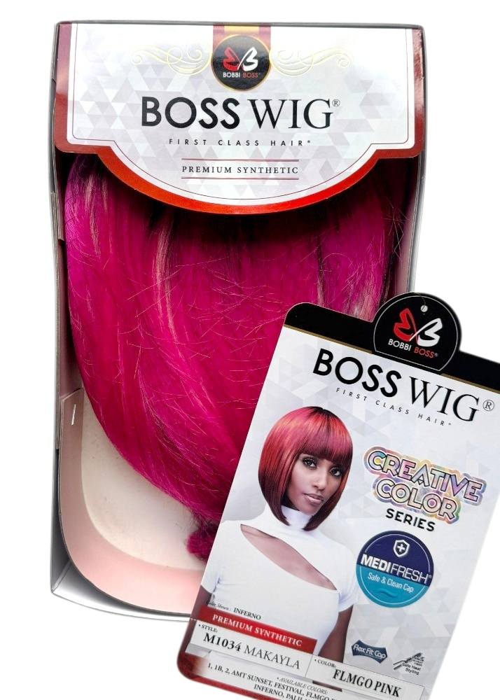 Boss Wig packaging with pink hair and product label