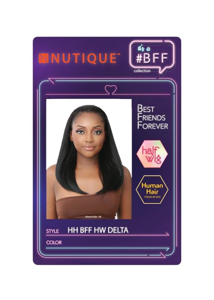 Nutique #BFF wig packaging with model.